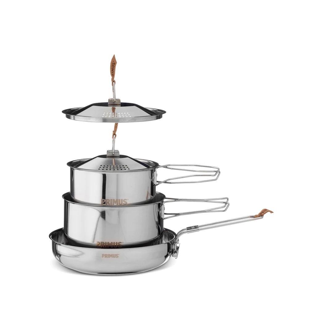 Primus stainless steel campsite cookset with pots, pan, strainer lid and foldable handles