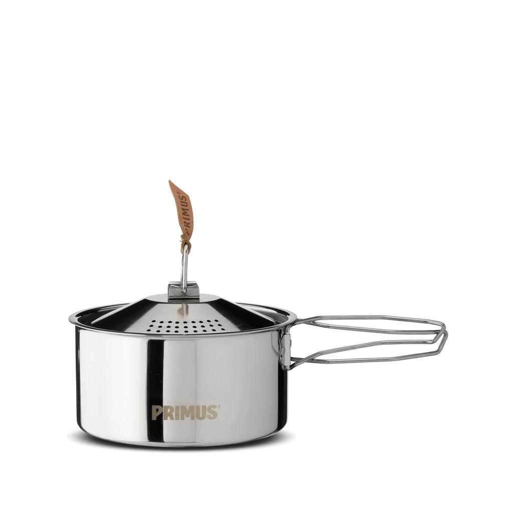 Primus stainless steel campsite cookset pot with folding handle and strainer lid
