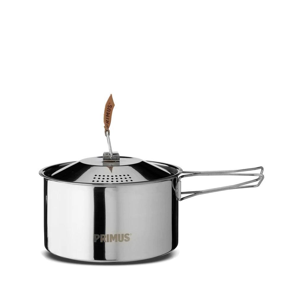 Primus stainless steel campsite cookset pot with lid and folding handle on white background