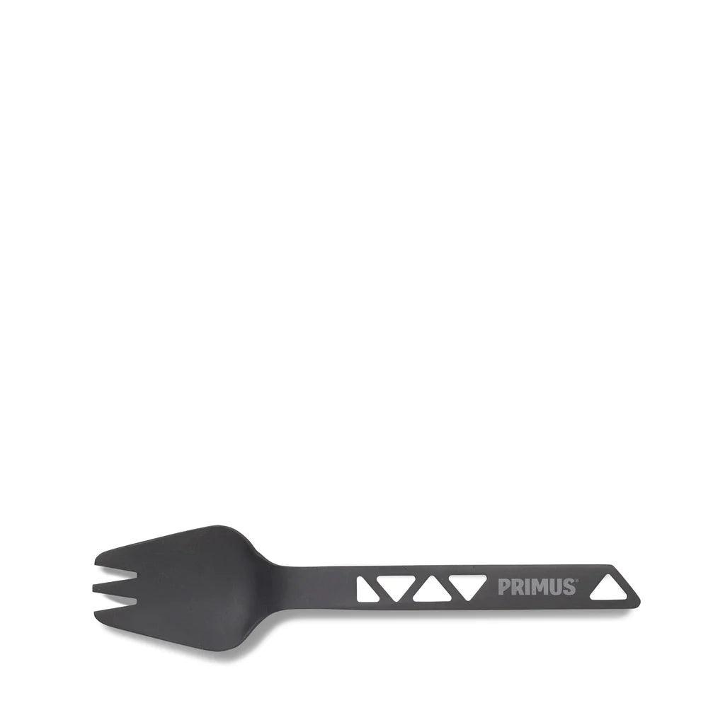 Primus black camping spork with cutout handle on white background