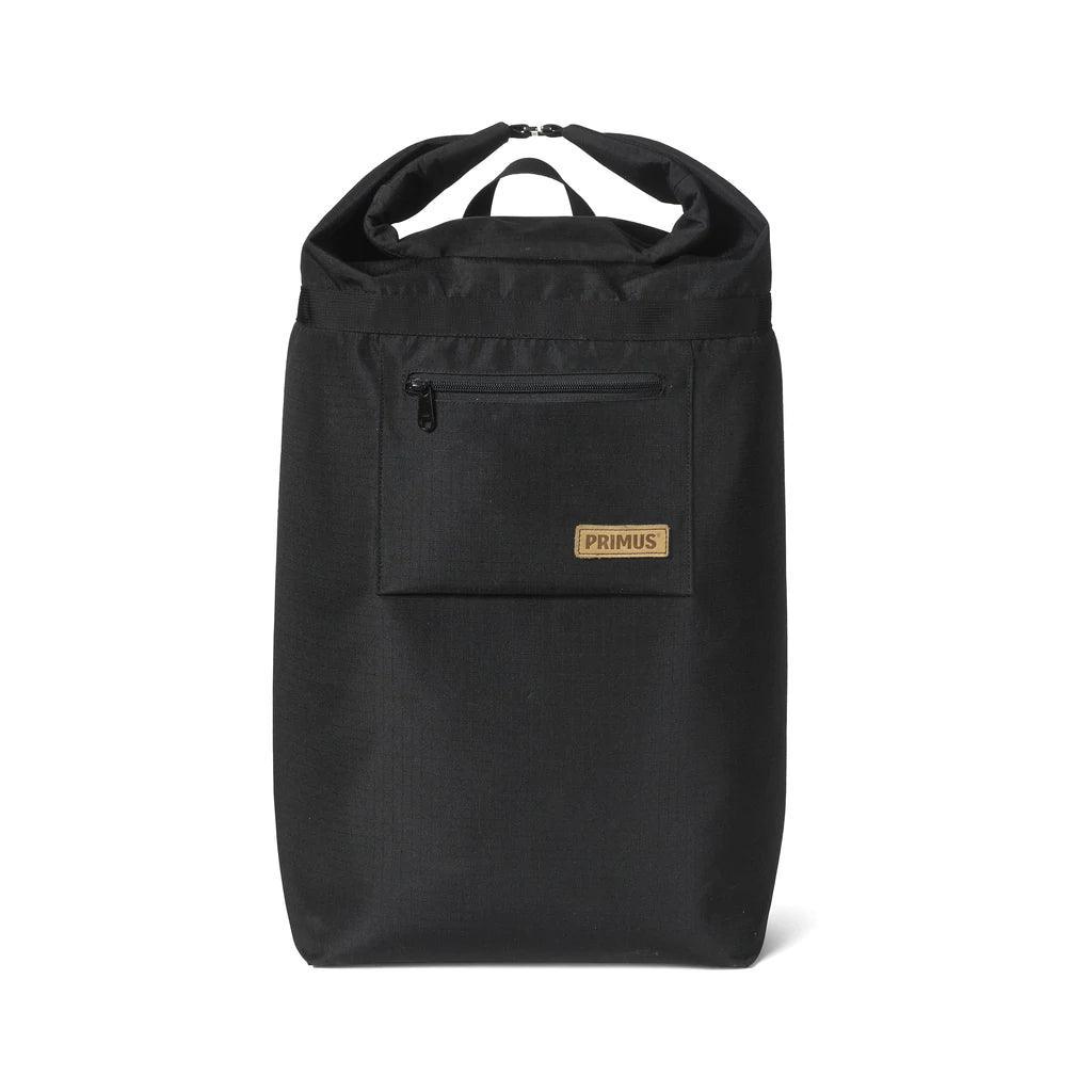 Black Primus cooler backpack with front zip pocket and logo patch, isolated on white