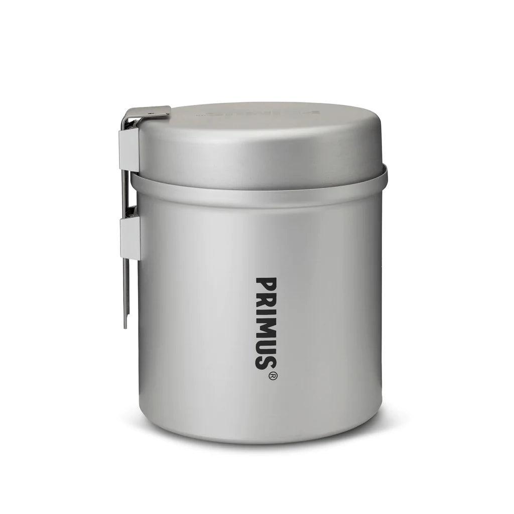 Primus Essential Trek camping pot with lid and foldable handle, silver, on white background