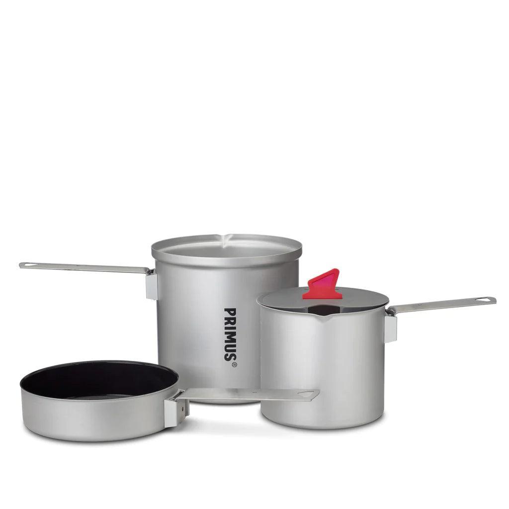 Primus Essential Trek Pots outdoor camping cookware set with handles and silver finish