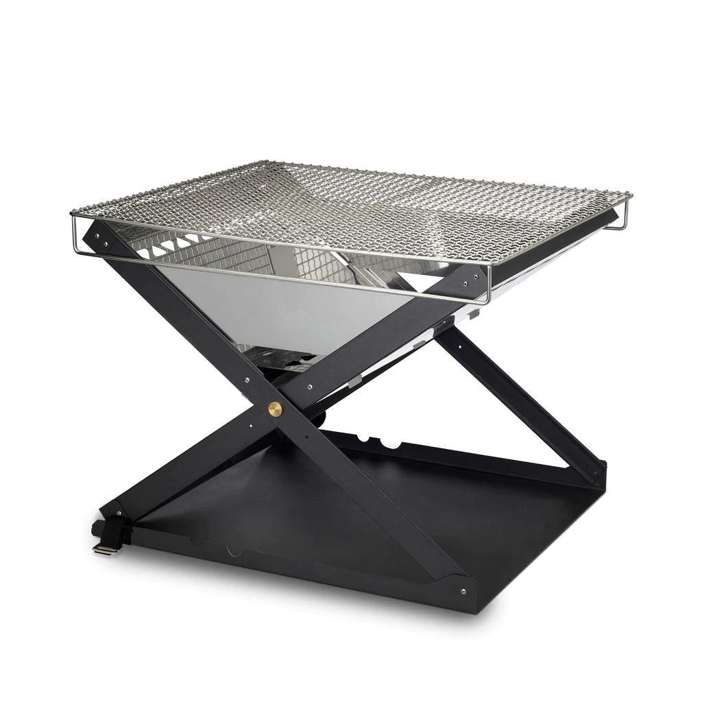 Primus Kamoto open fire pit with metal grill, foldable black and silver outdoor portable design