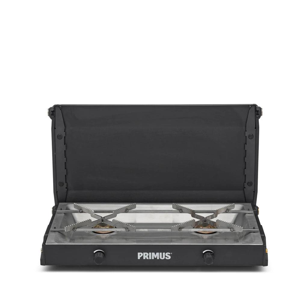 Primus Kinjia portable camping stove with two burners and black windscreen