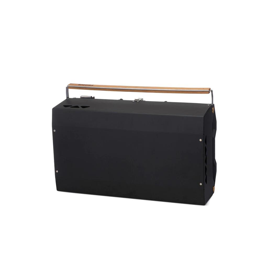 Primus Kuchoma portable gas camp grill closed, black with wooden handle, white background