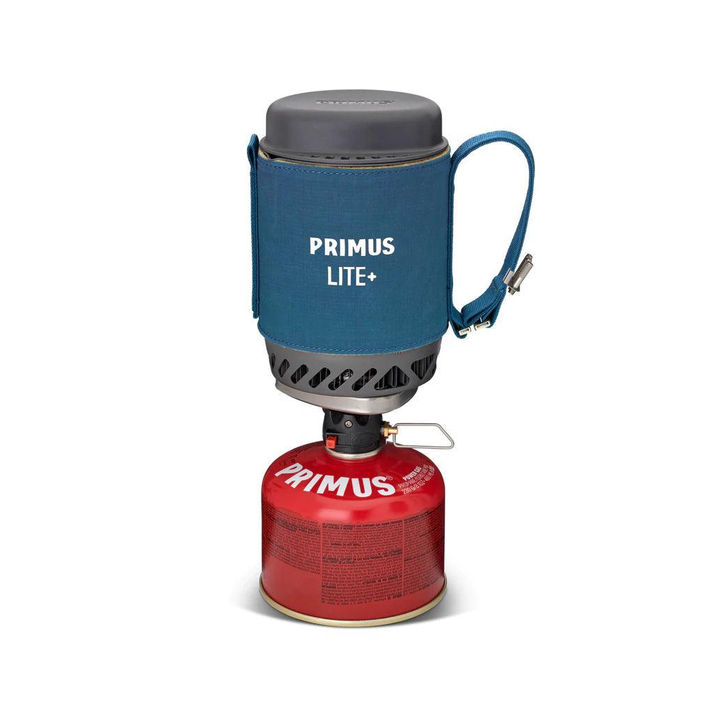 Primus Lite Plus portable camping stove system with blue sleeve and red fuel canister