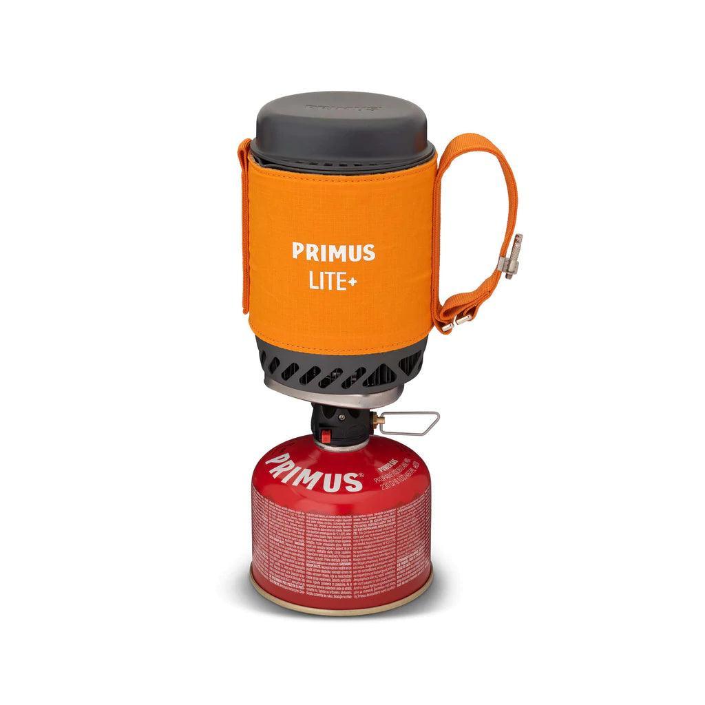 Primus Lite Plus portable camping stove system with orange sleeve and red fuel canister