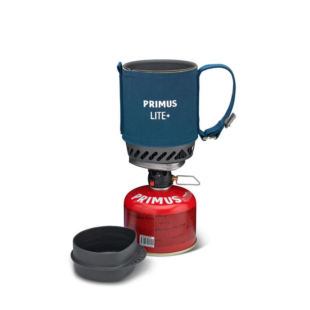Primus Lite Plus portable camping stove system with blue cover and red fuel canister