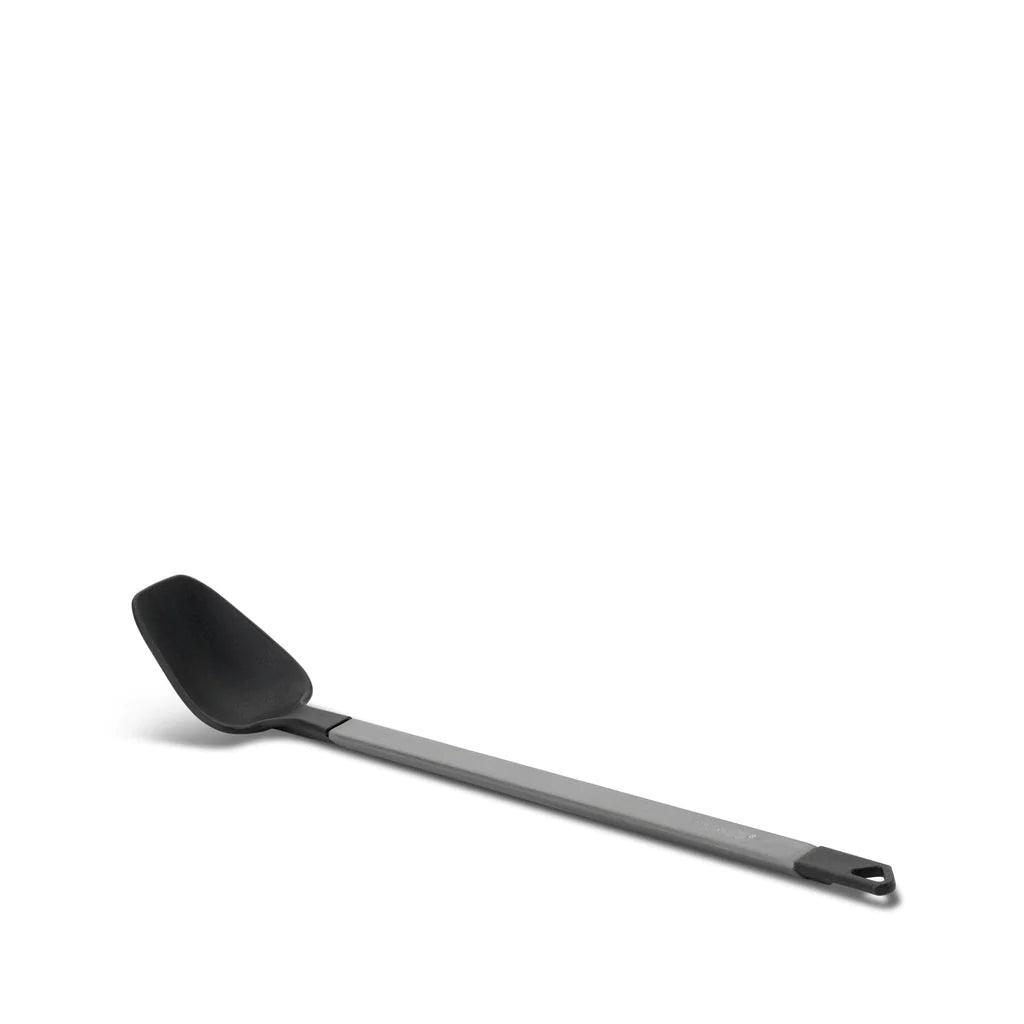 Primus long camping spoon with black head and grey handle on white background
