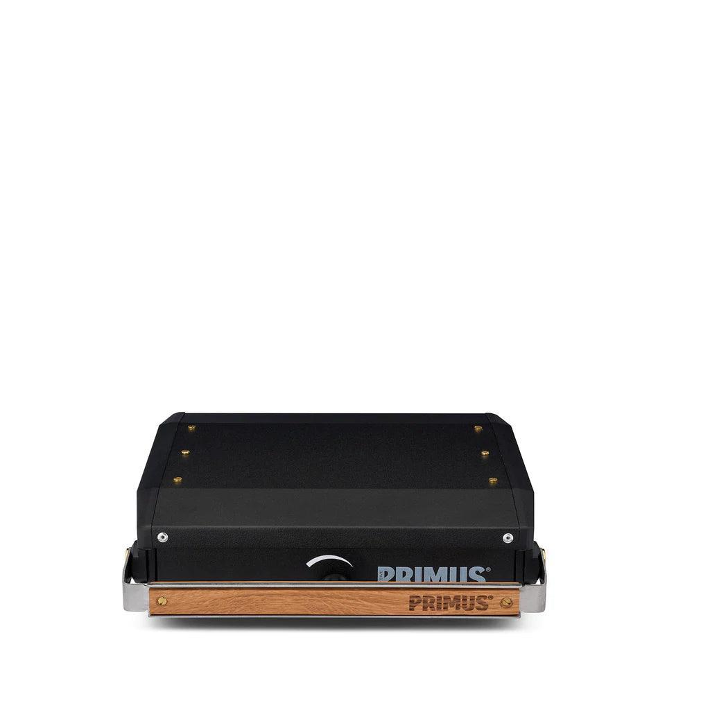 Primus Moja single burner black camp stove with wooden accent front panel
