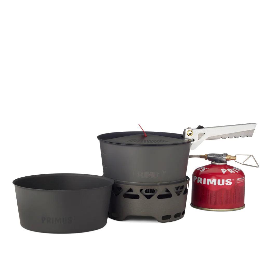 Primus PrimeTech portable camping stove system with pot, bowl, and red gas canister