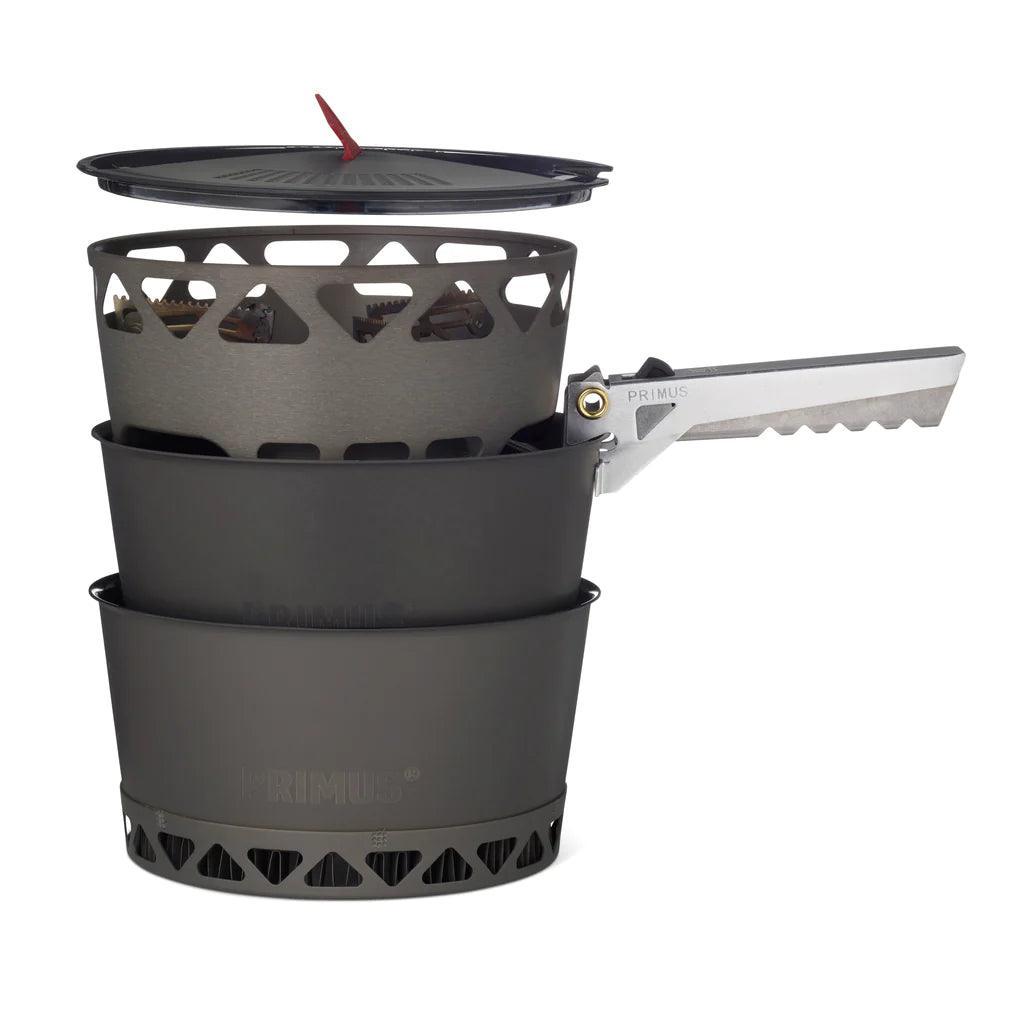 Primus PrimeTech stove system camping cookware set with removable handle and stacked pots
