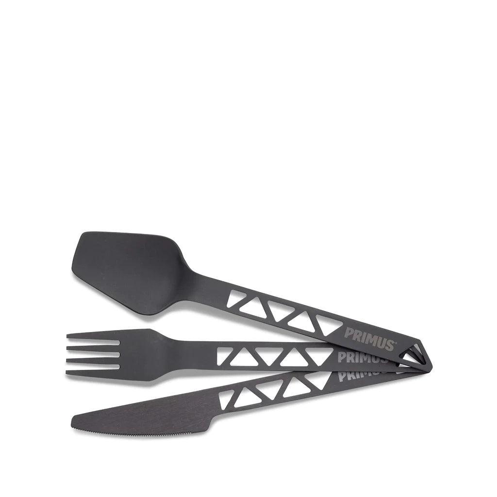 Primus aluminum camping cutlery set with knife, fork and spoon on white background