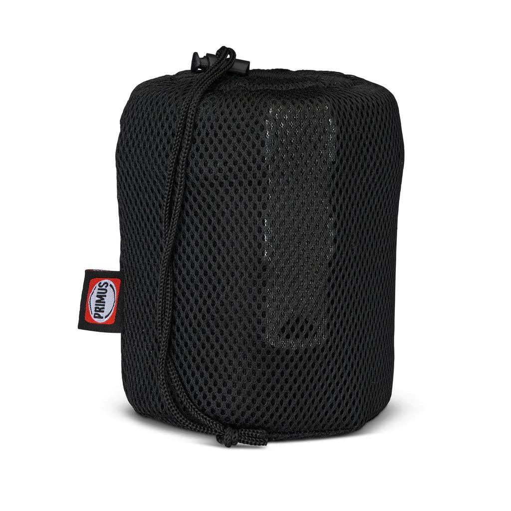 Primus Trek Pot set in black mesh storage bag with drawstring closure and brand tag
