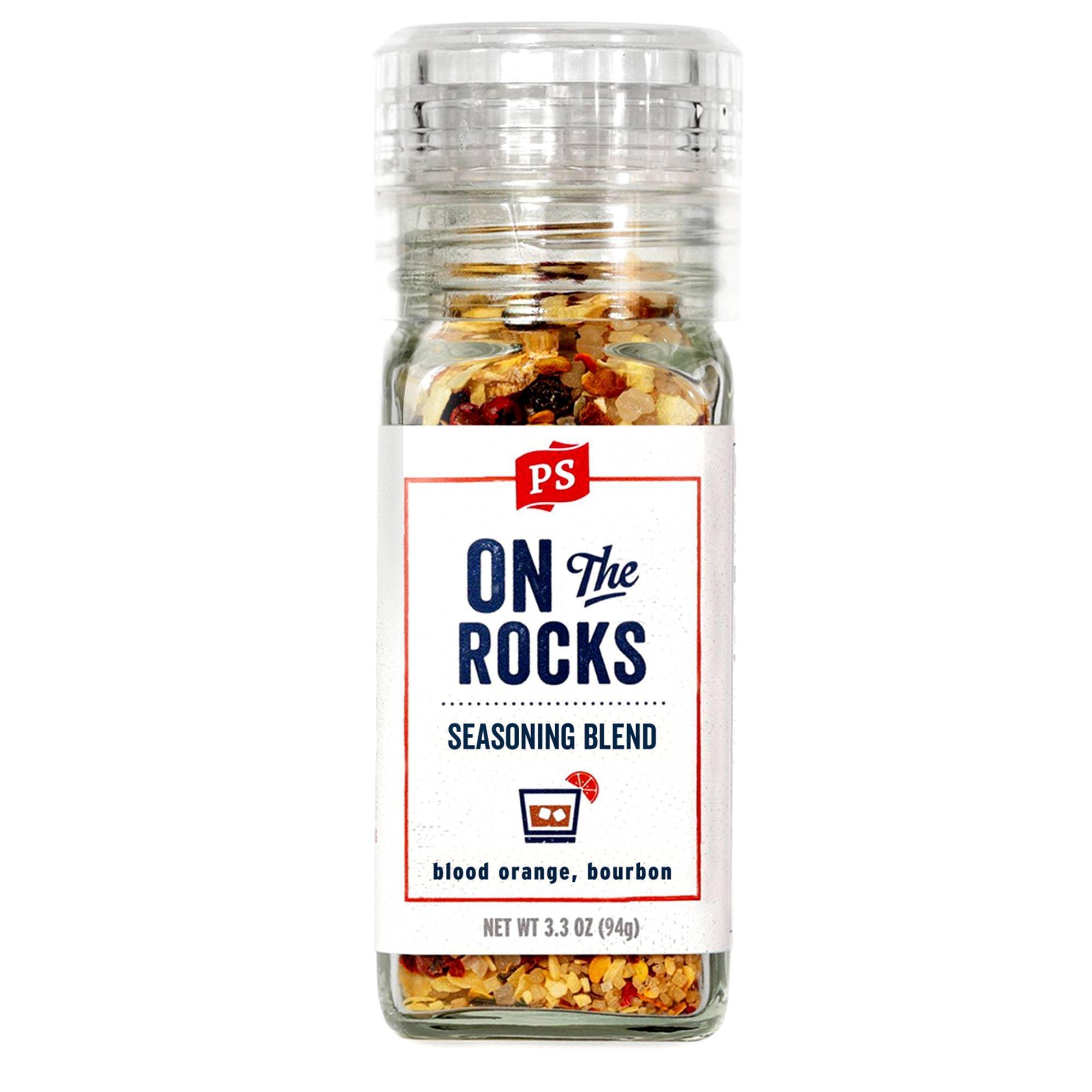 PS On The Rocks blood orange bourbon seasoning blend in clear spice grinder