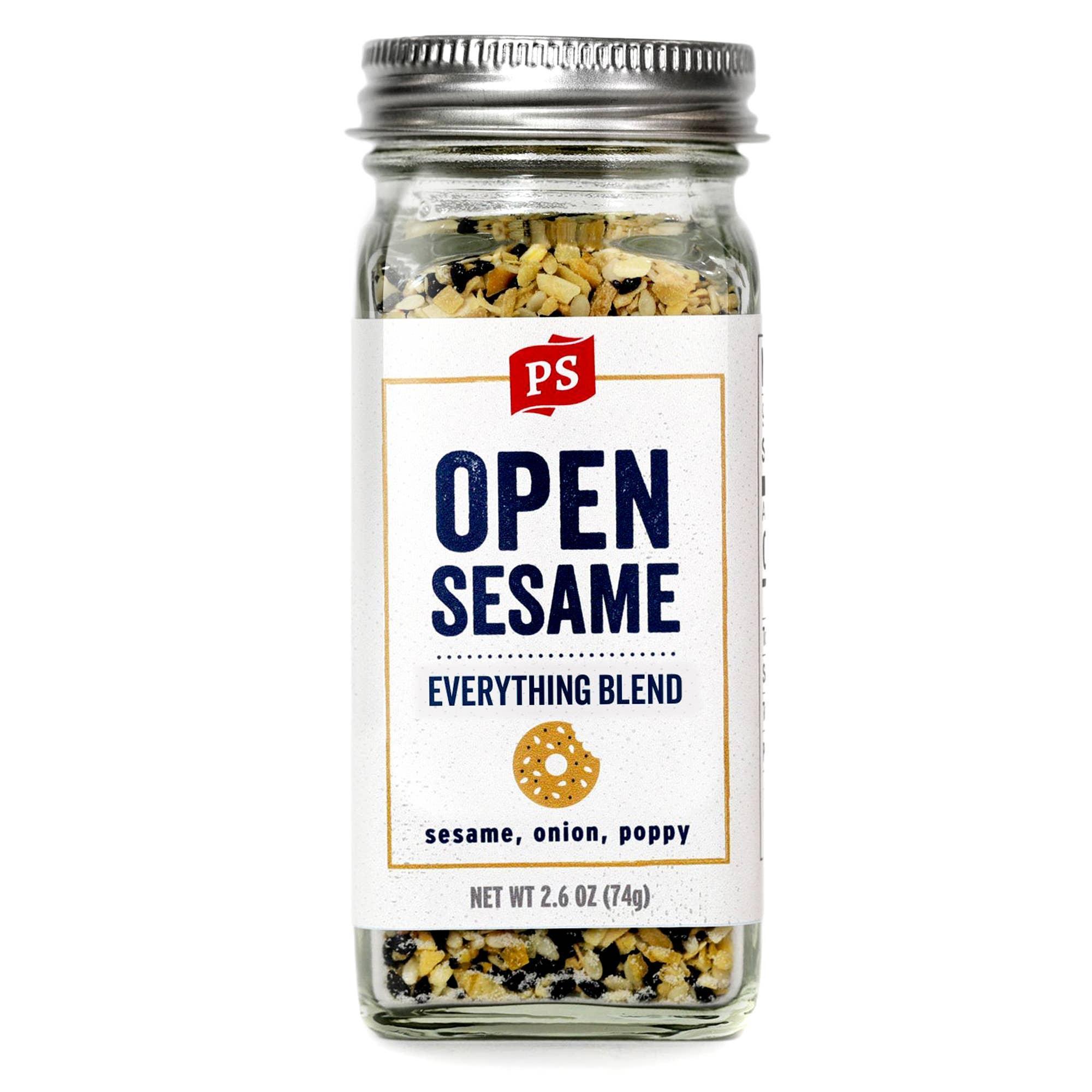 PS Seasoning Open Sesame Everything Bagel Blend spice jar with sesame, onion, poppy.
