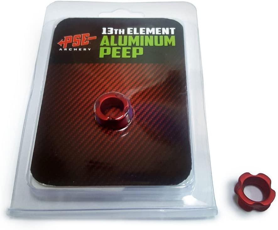 PSE Archery 13th Element aluminum peep sight in red, displayed in retail packaging
