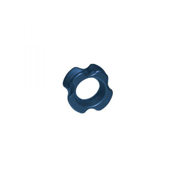 Black aluminum archery peep sight with grooved edges on a white background