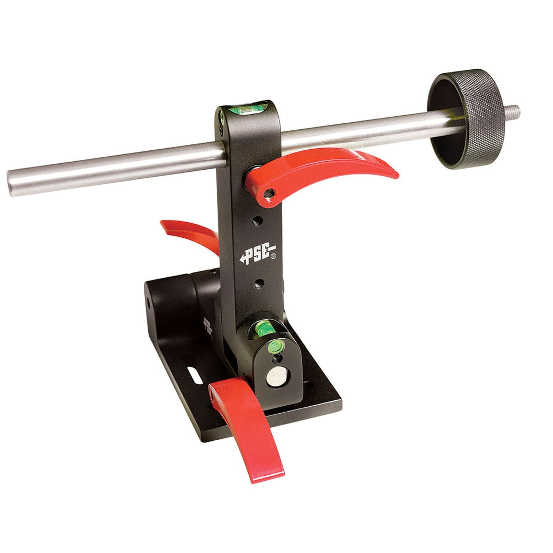 PSE Archery bow tuning fixture with metal rod and red adjustment levers on white background