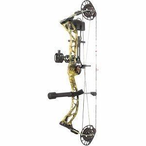 PSE Archery Drive NXT compound bow with camouflage finish and mounted accessories