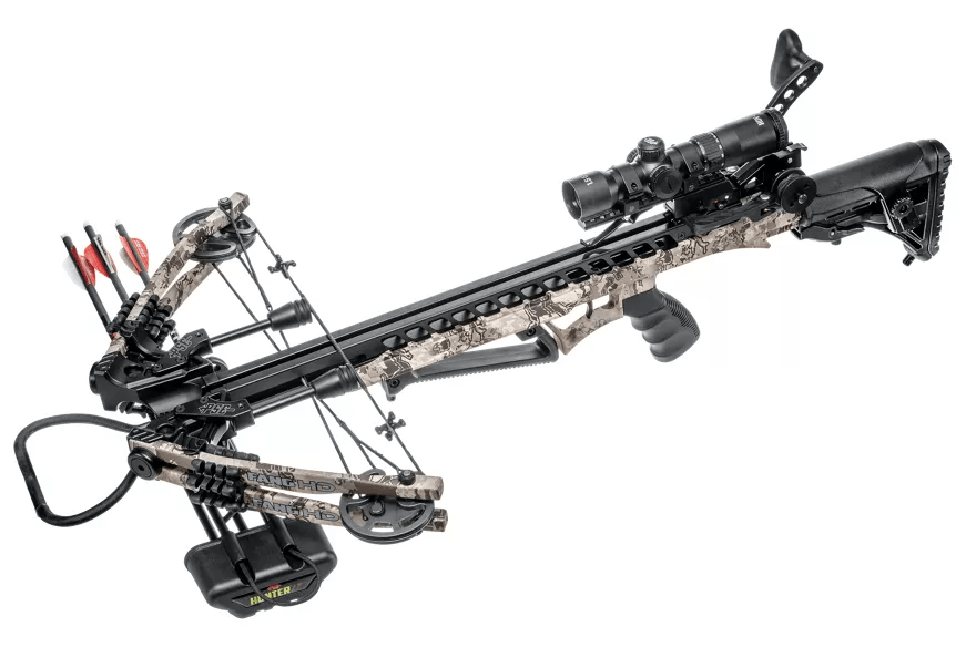 PSE Archery Fang HD Pro crossbow package with scope, camo finish, and mounted quiver