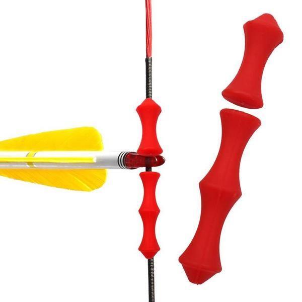 Red PSE Archery Finger Savers on bowstring with yellow-fletched arrow, close-up view.