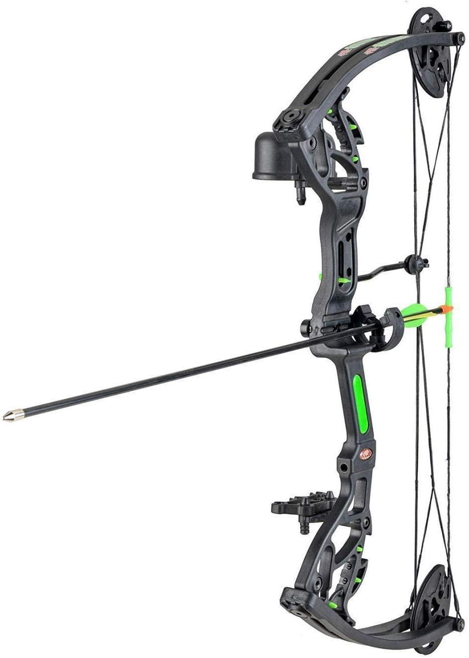 Black and green youth compound bow with arrow, right hand archery equipment