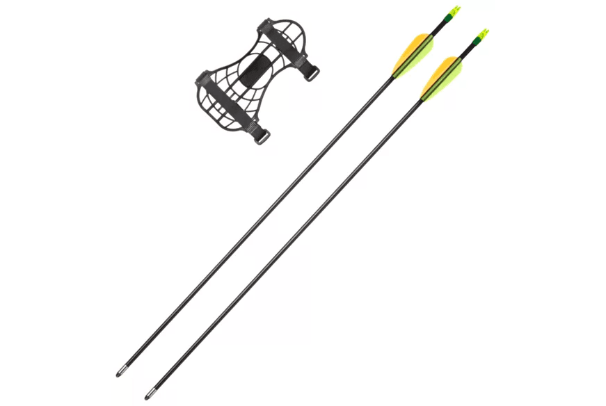 Two youth compound bow arrows with yellow and green fletching, and a black arm guard