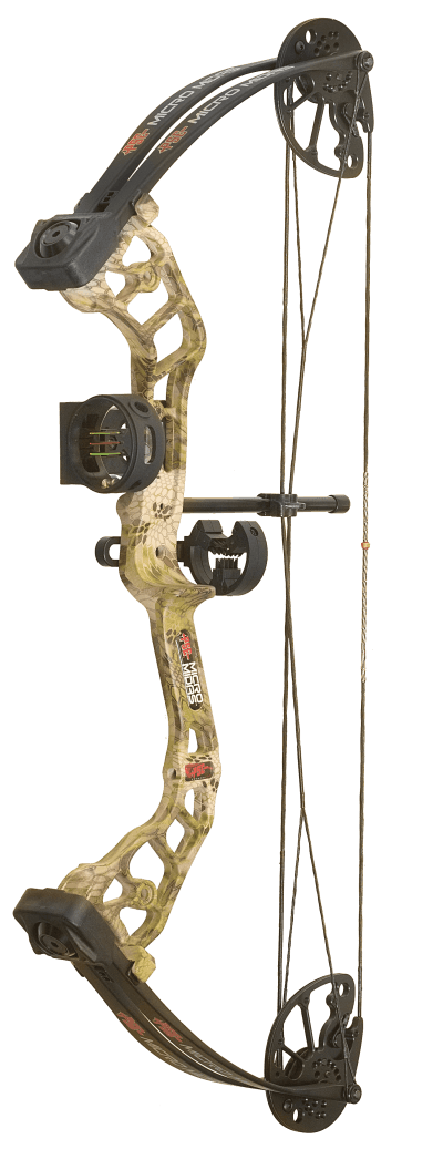 PSE Archery Micro Midas compound bow with camo finish and sight, isolated on white