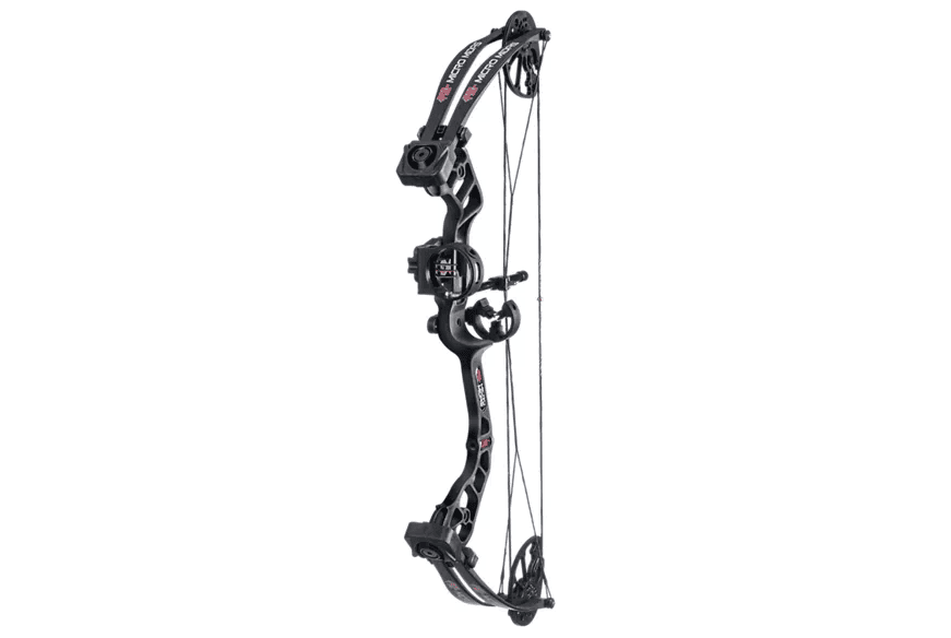 PSE Archery Micro Midas black compound bow with cam system on white background