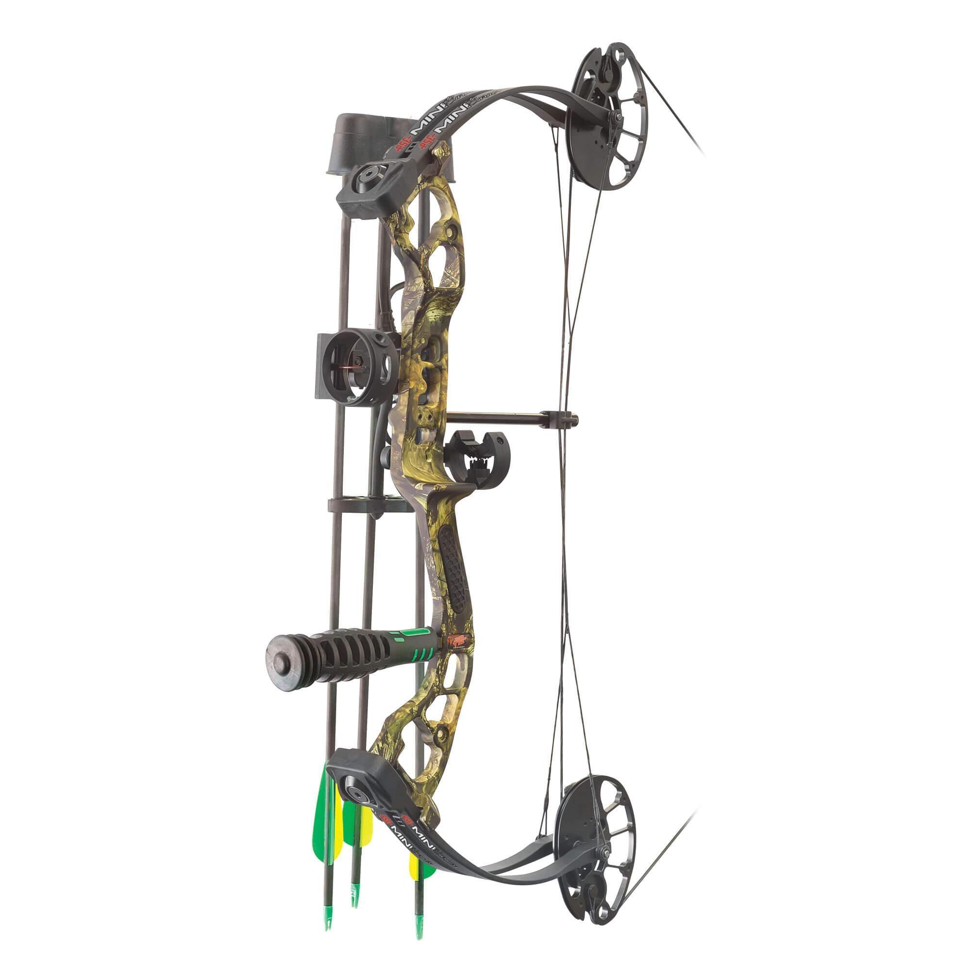 PSE Archery Mini Burner RTS compound bow package with camouflage finish and arrows