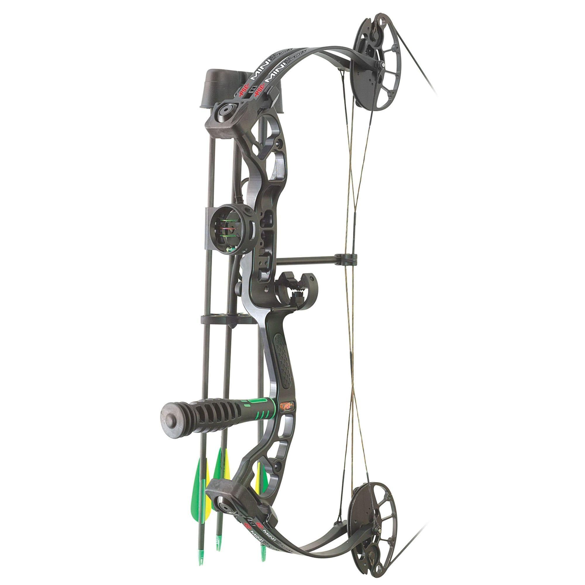 PSE Archery Mini Burner RTS black compound bow with green arrows and accessory kit