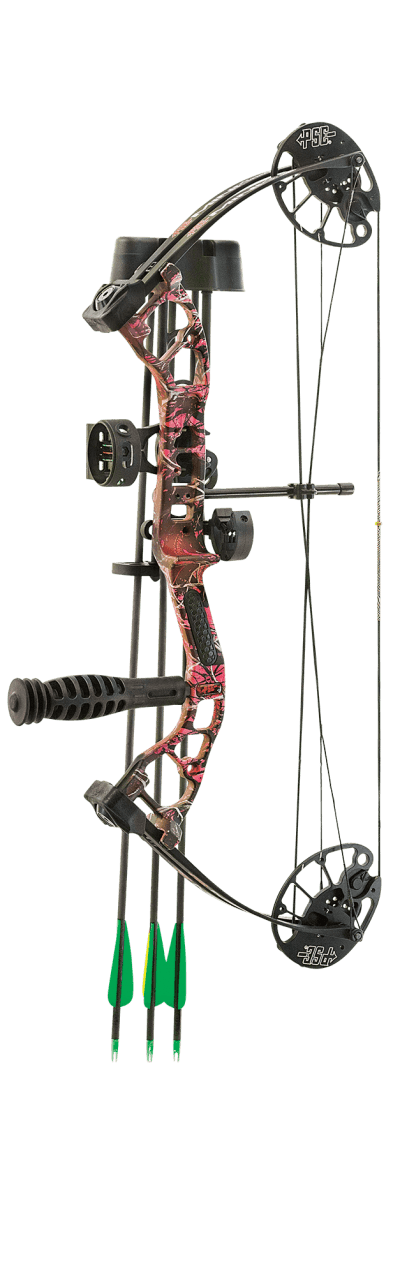 PSE Archery Mini Burner RTS compound bow package with arrows and camo design