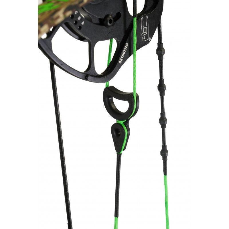 Close-up of a compound bow with PSE Archery Precision Buss Tuning System and green strings