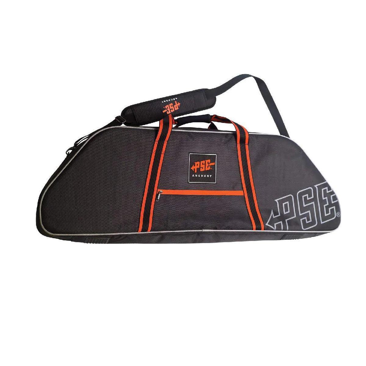 PSE Archery rigid black bow case with orange trim and shoulder strap for hunting gear.