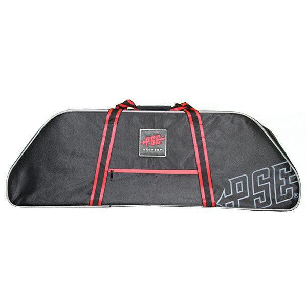 PSE Archery rigid hunter bow case, black with red straps and front zipper pocket