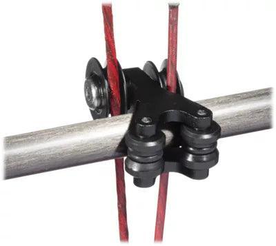 PSE Archery RollerGlide cable guard slide on bow with red cables and metal rod