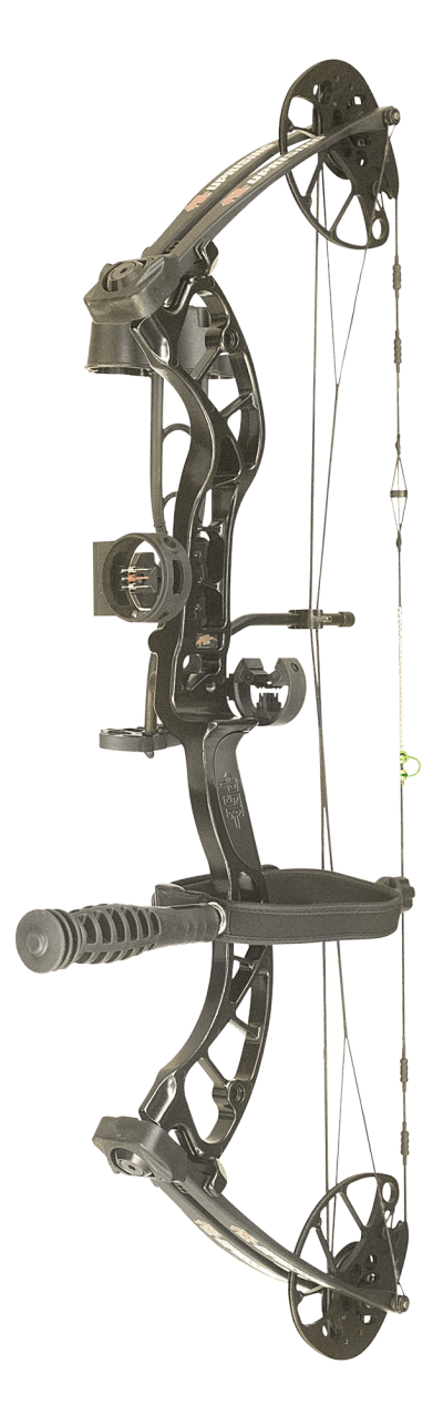 PSE Archery Uprising compound bow black with sights and stabilizer, isolated on white