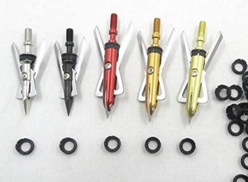Four Rage Archery broadheads with shock collars in silver, black, red, and gold on white background.