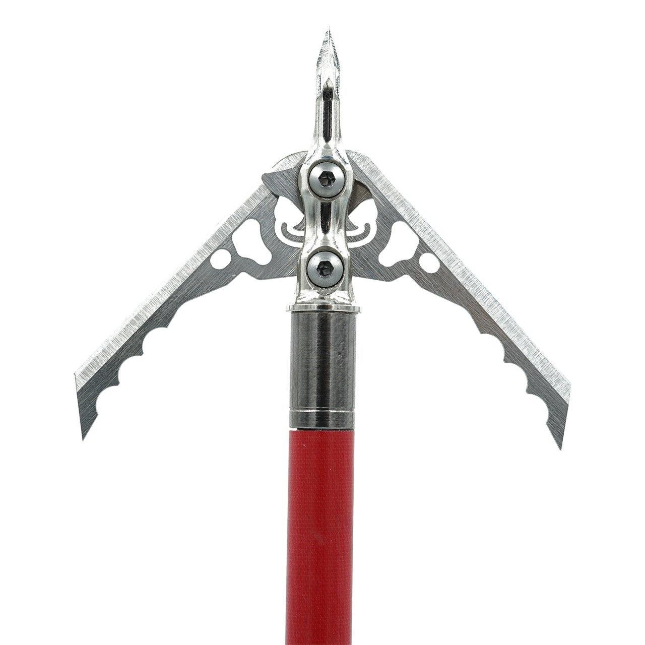 Rage Hypodermic No Collar broadhead with open stainless steel blades on a red arrow shaft