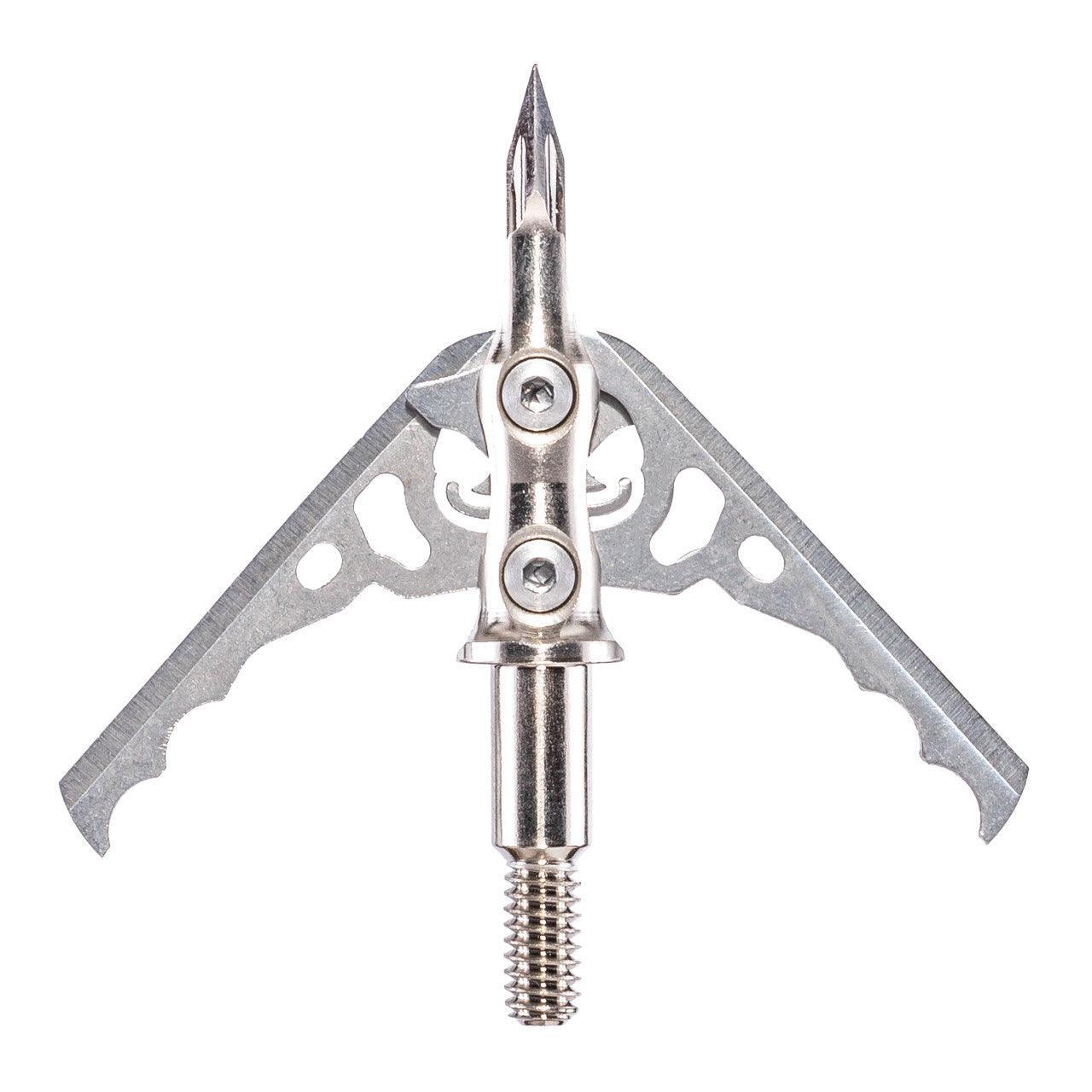 Rage Hypodermic no collar crossbow broadhead with two metal blades on white background