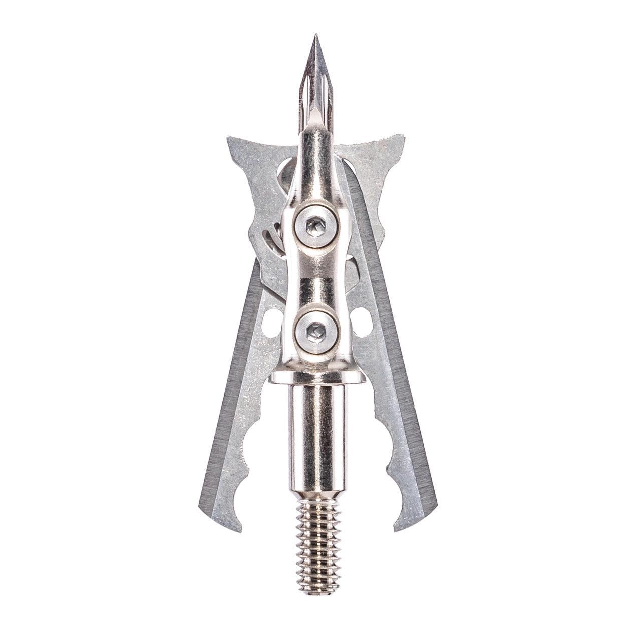 Rage Hypodermic No Collar crossbow broadhead with sharp metal blades on white background