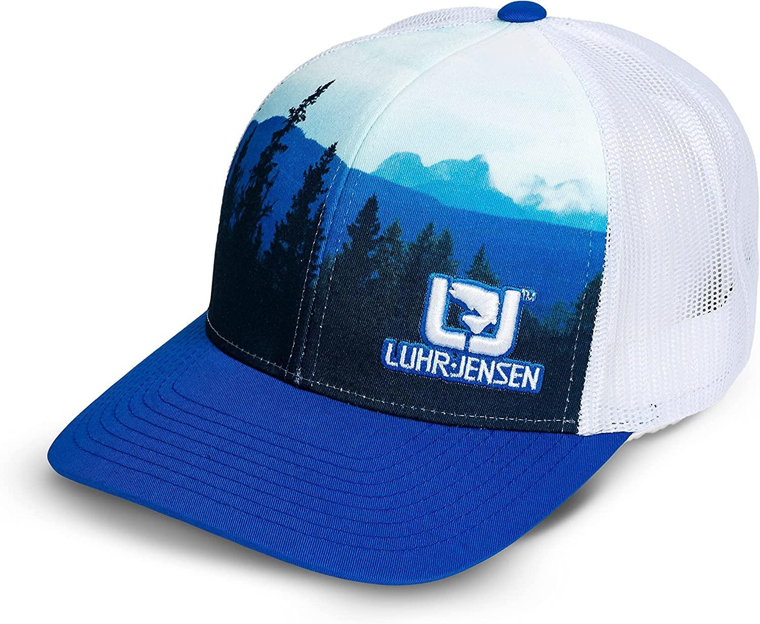 Luhr-Jensen blue white mesh trucker cap with forest and mountain print