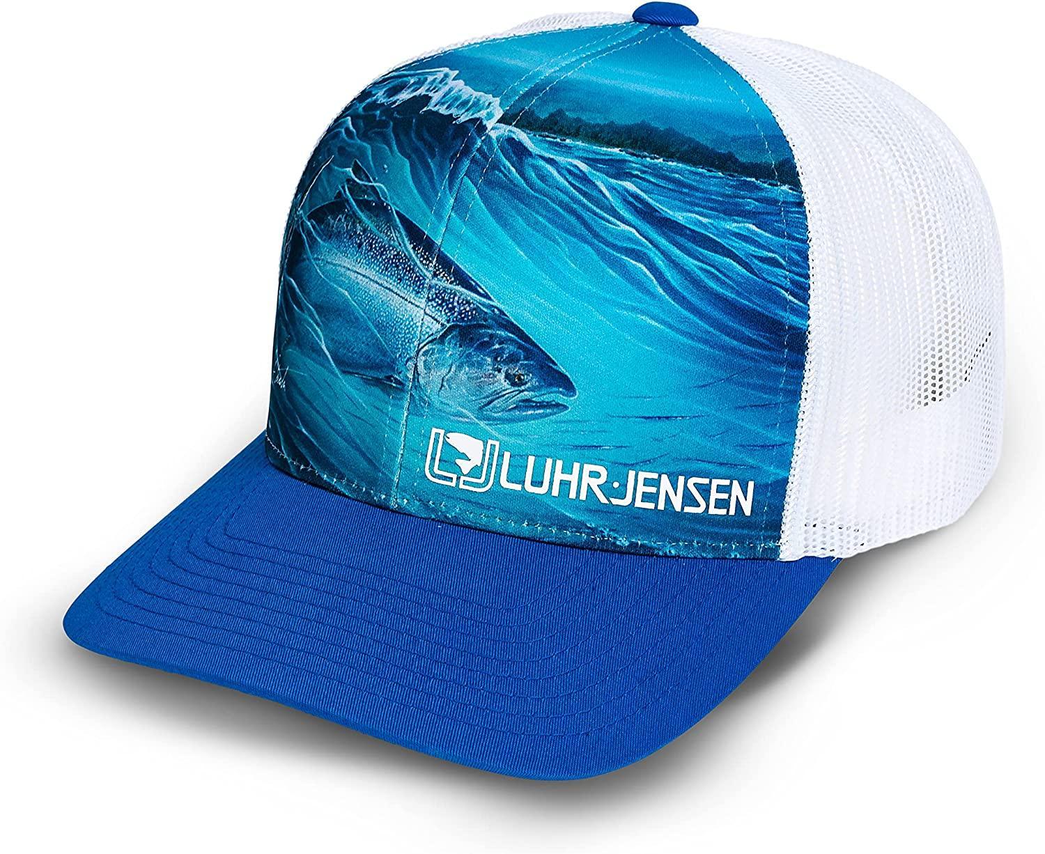 Luhr Jensen blue and white mesh trucker cap with fish and wave graphic on front panel