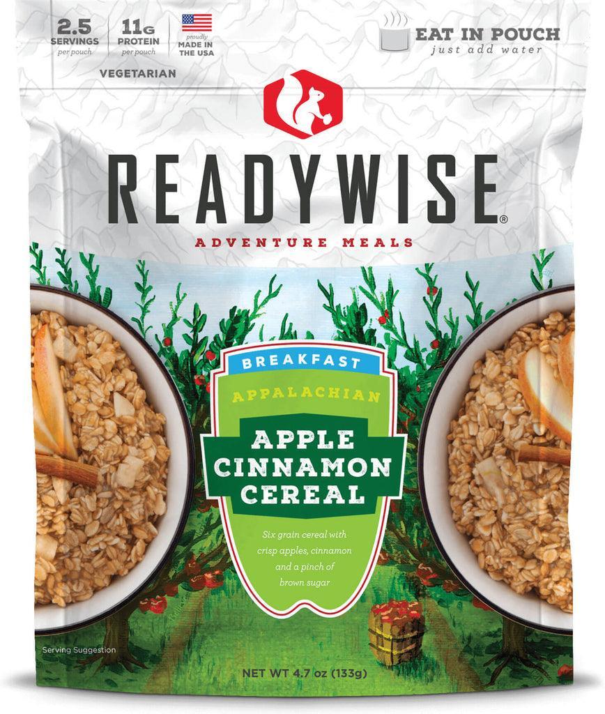 ReadyWise Adventure Meals Appalachian Apple Cinnamon Cereal pouch with oatmeal bowls, breakfast food packaging