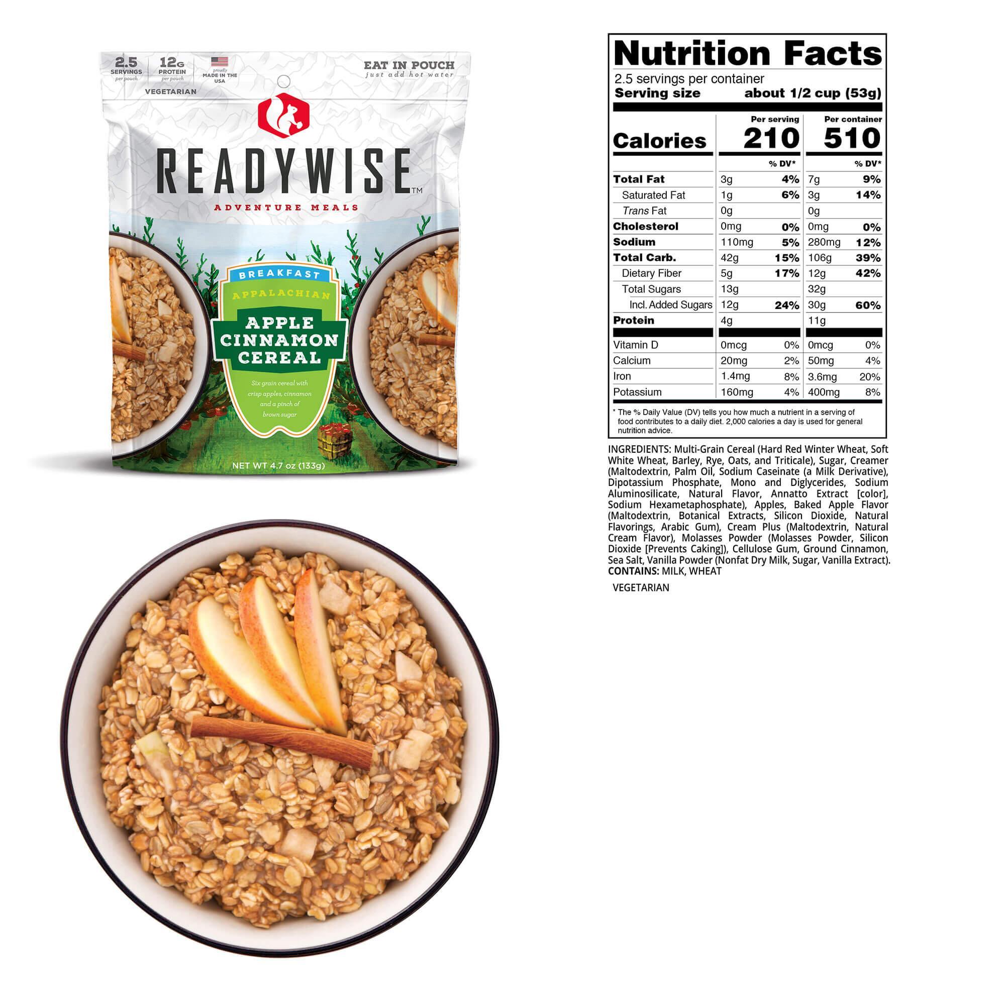 ReadyWise apple cinnamon cereal pouch, nutrition facts, and a bowl of cereal with apple slices and cinnamon stick