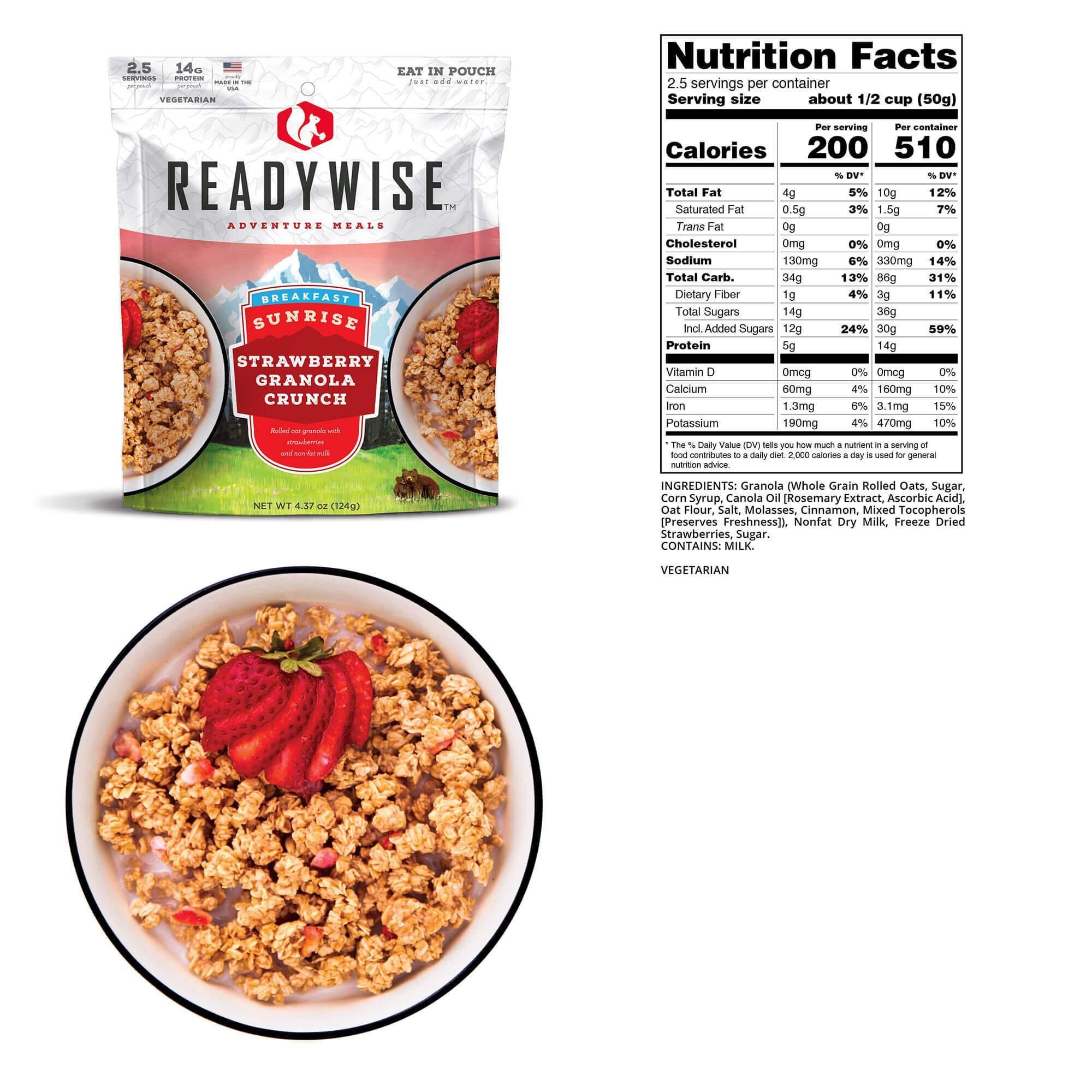 ReadyWise Strawberry Granola Crunch breakfast pouch, bowl of granola with sliced strawberries, nutrition facts label.