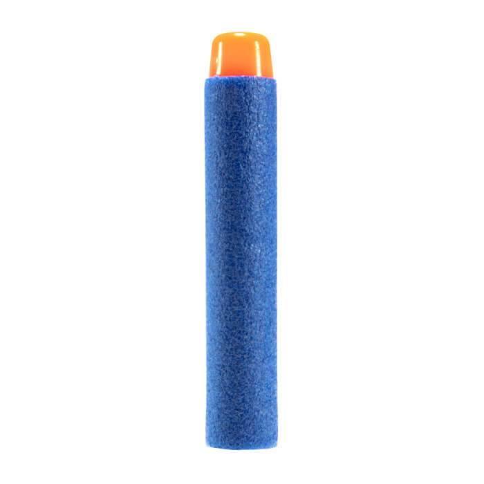 Single blue foam dart with orange rubber tip on white background