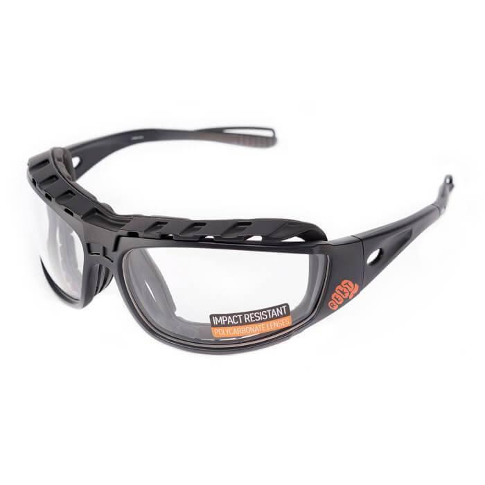 Black REKT safety goggles with impact resistant polycarbonate lenses on white background